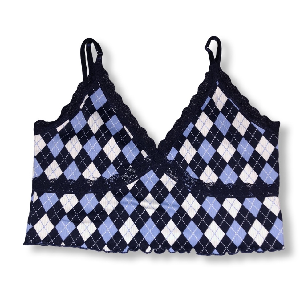 Divided by H&M Ribbed Blue Argyle Lettuce Hem Lace Trim V-Neck Cami Crop Top Y2K - Picture 6 of 7